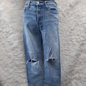Levi's Woman's Blue Wedgie Straight Fly Buttons Distressed Ripped Denim Jeans 28